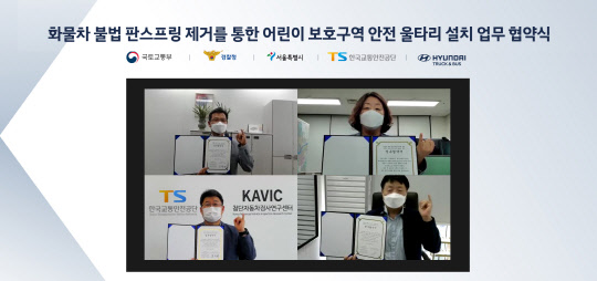 김정희(왼쪽 상단부터 시계방향으로) 국토교통부 자동차 정책관, 이혜경 서울시 보행친화기획관, 국내사업본부장 현대차 유원하 부사장, 류익희 TS한국교통안전공단 자동차 검사 본부장이 지난달 30일 비대면 업무 협약을 체결한 후 기념사진을 찍고 있다. <현대차 제공>